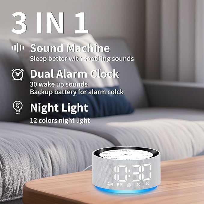 【3 in 1】Sound White Noise Machine Alarm Clock with 30 Sleeping Sounds Sleep Brown Noise Machine for Baby Kids Adults Backup Battery 32 Level Volume 5 Timers Night Light Memory Function for Home Office