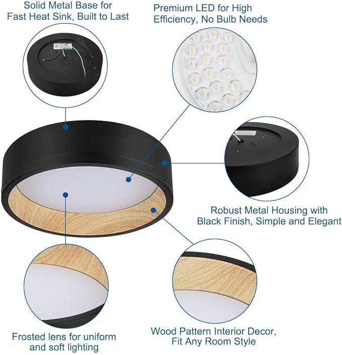 DAKASON LED Flush Mount Ceiling Light Fixture 12.5'' 25W 1500LM, 3000/4000/5000K CCT Selectable, Painted Woodgrain and Black Frame, Dimmable Modern LED Ceiling Light for Kitchen, Hallway, Living Room