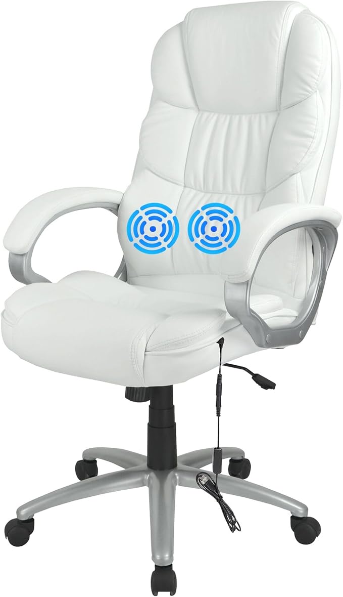 FDW Office Chair Massage Computer Chair High Back Adjustable Desk Chair Rolling Swivel Executive Chair PU Leather with Lumbar Support Arms Headrest Task Chair,White