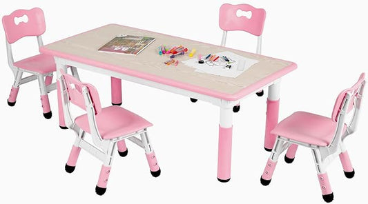 Arlopu Kids Table and 4 Chair Set, Height Adjustable Toddler Table and Chair Set, Non-Slip Legs, Graffiti Desktop, Large Children Activity Table, Reading Daycare Classroom Home (Pink)