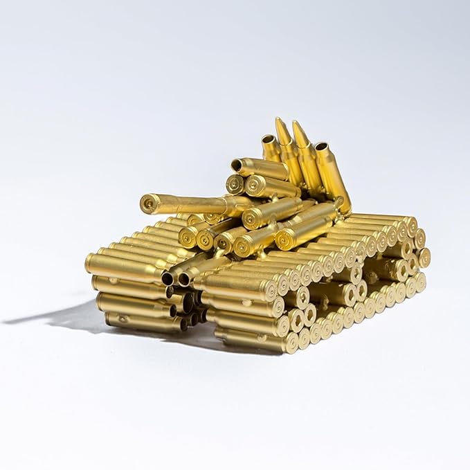 Bullet Shell Military Vehicle Sculptures - Handmade Tank, Airplane, Warship Metal Art Decor for Home, Office, Study Room for Men, Veterans (Tank Model)