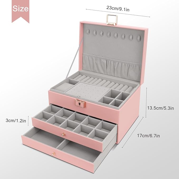 DesignSter Jewelry Box, Jewelry Organizer with 2 Drawers, 3 Layers Leather Jewelry Storage Box with Lock, Jewelry Storage Case for Necklaces Earrings Bracelets and Rings（Pink）