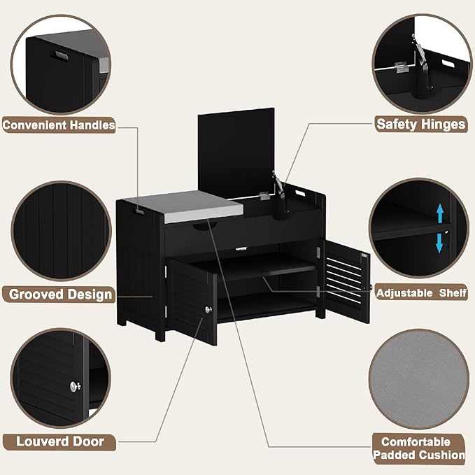 ChooChoo Shoe Storage Bench with Lift Top Storage, Entryway Bench with 2 Cushioned Seats, 3 Compartments, Adjustable Shelf, Shoe Cabinet for Entryway, Bedroom, Living Room, Black