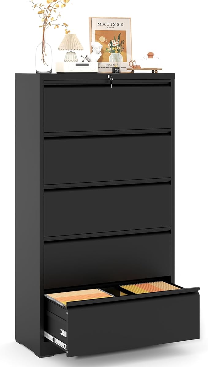 Lateral File Cabinet with Lock,5 Drawer Metal Filing Cabinets, Home Office Storage Cabinet for Hanging Files Letter/Legal/F4/A4 (Black)