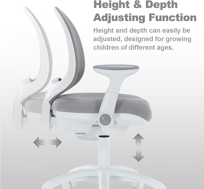 Kids Desk Chair, Boy's Girl's Child Children Study Office Computer Chair, Ergonomic Design, Adjustable Height and Seat Depth (Grey) (Grey W/Armrests and Footrest)