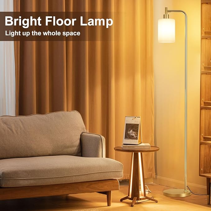 Floor Lamps for Living Room - Industrial Standing Lamp with Frosted White Glass Shade, Modern Gold Floor Lamp with LED Bulbs, Farmhouse Floor Lamp for Bedroom, Tall Lamp for Office - Gold