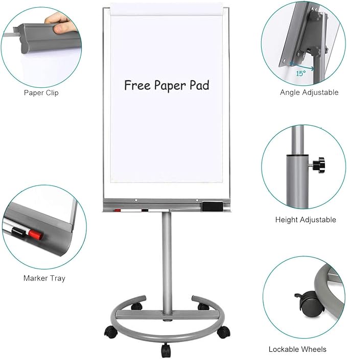 BIBOC Mobile Dry Erase Board – 40x26 inches Magnetic Portable Whiteboard Stand Adjustable Easel White Board Flipchart Easel Board with 25 Sheets Paper Pad 1 Eraser, 2Markers