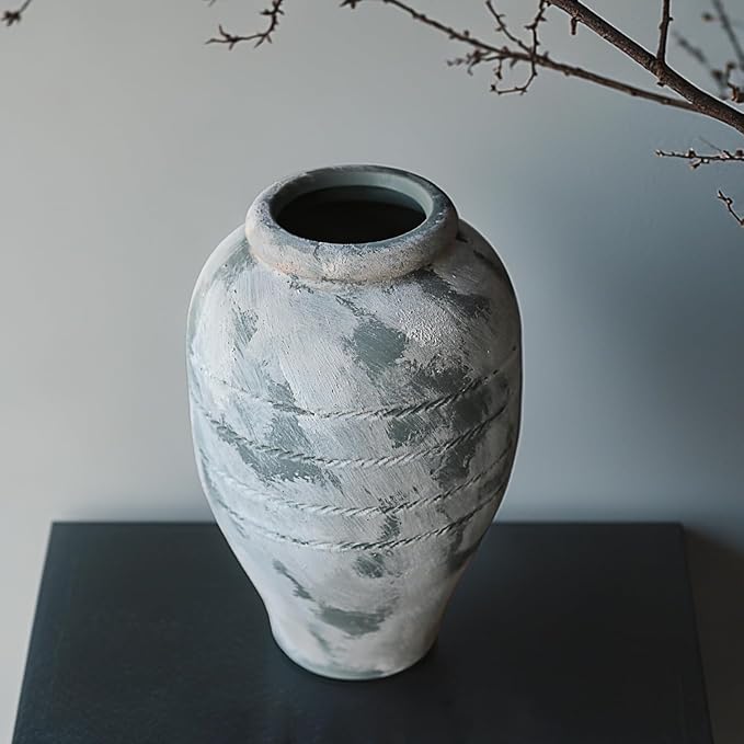 Antique Ceramic Flower Vase for Living Room Bedroom 9.06'' Farmhouse Decor for Bouquet Fake Plant Home Decor Office Table Shelf Fireplace Centerpieces Rustic Retro Vintage Classic Modern Beige