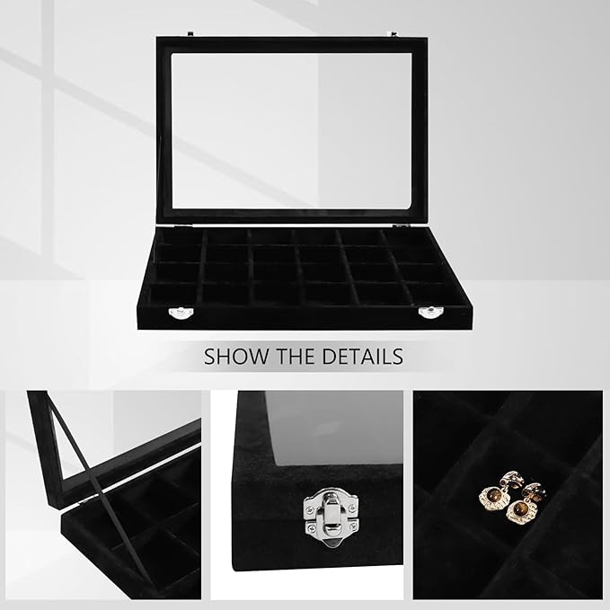 Wudygirl Jewelry Organizer 24 Grid Jewelry Tray with Clear Lid Velvet Jewelry Box Earrings Holder Organizer Jewelry Display Case (Black 24 Grid)