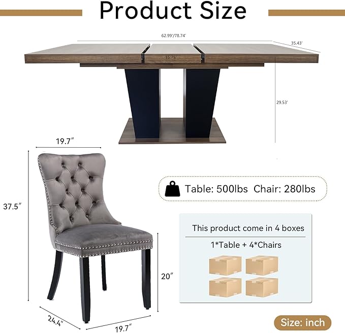 Goujxcy 5-Piece Extendable Dining Table Set for 4-8 People 63-78 Inch Kitchen Table Set with 4 Velvet Upholstered Chairs Farmhouse Rectangular Dining Room Table Set for Kitchen Dining Room Apartment