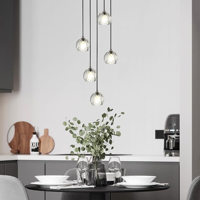 5 Lights Cluster Pendant Lighting, Brushed Black Crystal Pendant Chandelier, Foyer Chandelier Light Fixture Modern Hanging Lights for Kitchen Island Dining Room