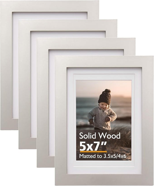 KINLINK 5x7 Picture Frame Light Grey, Solid Wood Frames with Acrylic Plexiglass for Pictures 4x6 with Mat or 5x7 without Mat,Tabletop and Wall Display Photo Frame Set of 4