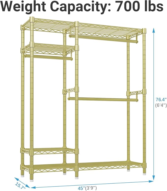 VIPEK V2S Heavy Duty Clothes Rack 4 Tiers Wire Shelving Garment Racks with 3 Hanging Rods Compact Freestanding Closet Metal Closet Rack, Max Load 700LBS, Gold