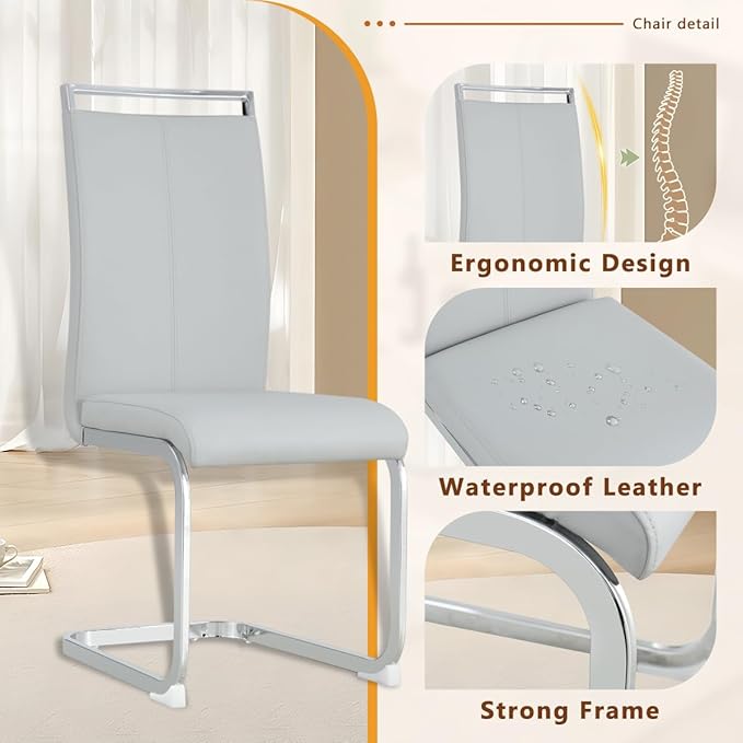 63'' Glass Dining Table Set for 6, Kitchen Table Chairs Set of 6, Clear Glass Dining Table with White unique design Leg and Silver Metal Base, 6 PU Dining Chairs with Metal Legs, Living Room, Kitchen.