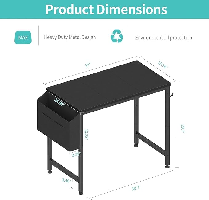 Lufeiya Small Desk for Small Spaces, 32 Inch Kids Girls Study Writing Desks for Bedroom, Simple Modern Laptop PC Little Side Table with Storage Bag Headphone Hooks, Black