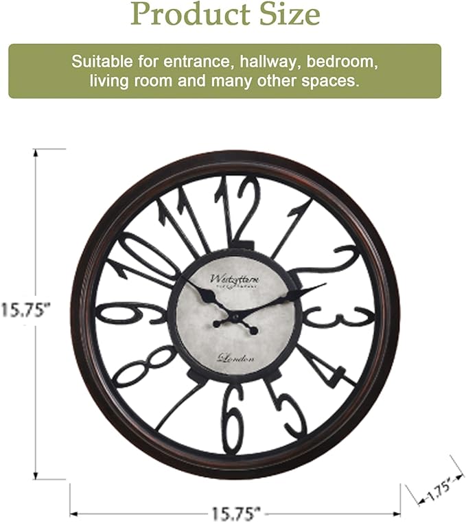 16 Inch Retro Black Wall Clock, Silent Non-Ticking Battery Operated Round Vintage Clock with Arabic Numerals,Decorative Living Room, Kitchen, Bedroom Decor