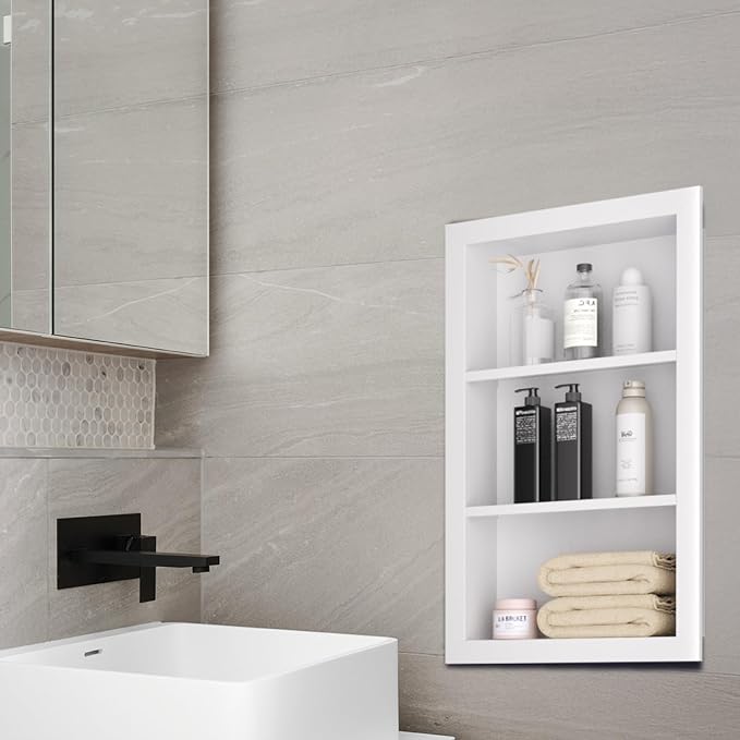 Stainless Steel Shower Niche 14" X 24"，3-Tier Shelf Niches Bathroom Shelf Recessed Wall Niche No Tile Needed Shower Shelf for Bathroom Storage (White, 14 x 24)