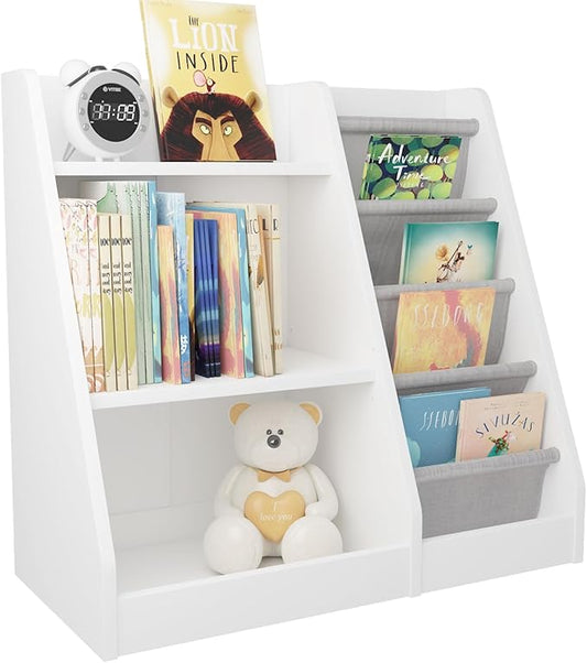 White Kids Bookshelf Wood Toy Storage Organizer Cabinet Children Bookcase Toddler Baby Sling Book Rack Adjustable Shelf for Playroom Bedroom Nursery Hallway School Kindergarten