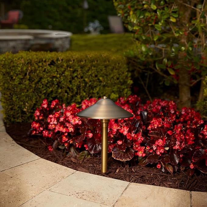 VOLT Max Spread 12V Solid Brass Mini Path Light (15" Tall, 9" Shade) with 3W 2700K Warm White G4 LED Bulb for Low Voltage Landscape Lighting on Outdoor Pathway, Walkway, Garden, Driveway or Patio