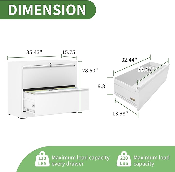 Lateral File Cabinet with Lock,2 Drawer Metal Filing Cabinets for Home Office, Storage Cabinet for Hanging Files Letter/Legal/F4/A4 (White)