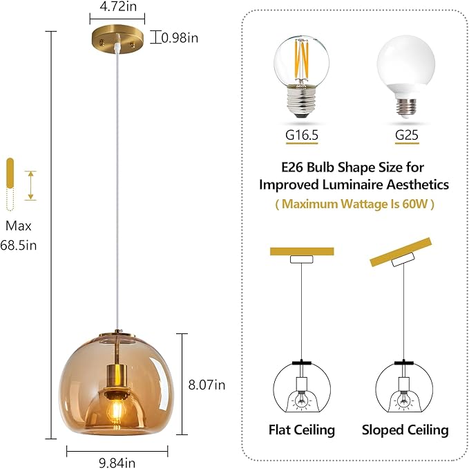 Amber Glass Pendant Lights Kitchen Island Gold Hanging Light Fixture Glass Globe Pendant Light Modern Pendant Lighting for Kitchen Island Bedroom Dining Room (9.84", 1 Pack)