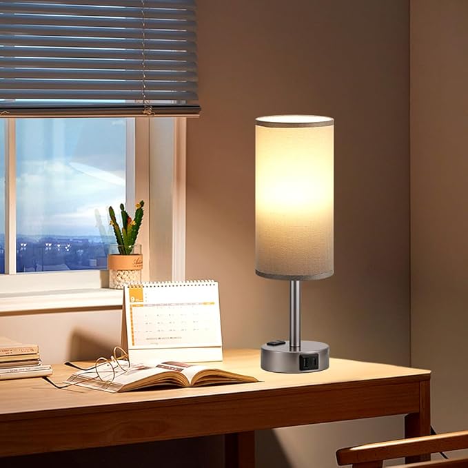 Grey Bedside Table Lamp for Bedroom - 3 Way Dimmable Touch Lamp USB C Charging Ports and AC Outlet, Small Lamp for Living Room, Desk, LED Bulb Included