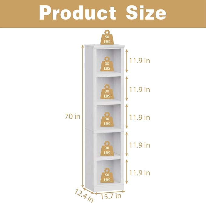 blini 5-Shelf Narrow Bookcase White Wooden Bookshelves Floor Standing Display Storage Shelves Bookcase for Home Office, Living Room, Bed Room