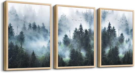 Natural Wood Framed Wall Art For Living Room Wall Decorations For Bedroom Office Wall Decor Foggy Forest Paintings Trees Landscape Wall Pictures Prints Artwork Large Size Home Decor of 3 Piece Art