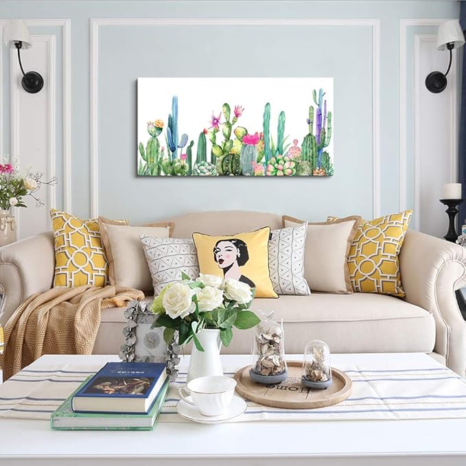 Wall Art for living room Canvas Prints Artwork bathroom Wall Decor Simple Life Green plants cactus Picture Watercolor painting Framed bedroom wall decorations Office posters Works Home Decoration