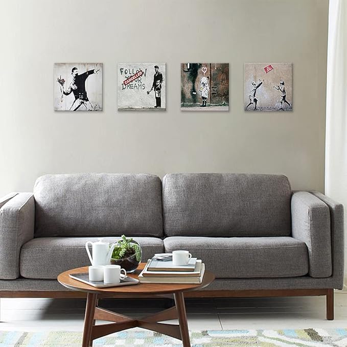 Cortolar Banksy Canvas Wall Art Graffiti Print Picture Abstract Painting for Bedroom Living Room Bathroom Wall Decor (12"x12"x4-B)