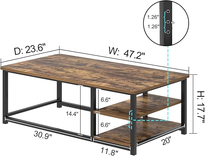 EXCEFUR Modern Coffee Table, Rustic Wood and Metal Living Room Table with Storage Shelf, Industrial Brown, 47 Inch