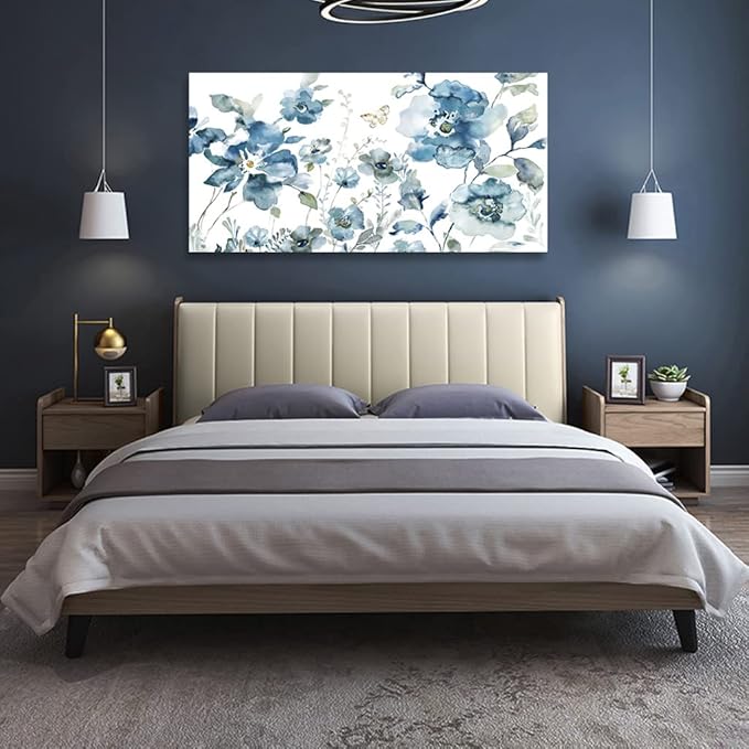 Flower Canvas Wall Art Blue Floral Canvas Painting Pictures for Gallery Wall Decor Butterfly Flies in Indigo Flowers Canvas Prints Artwork for Living Room Bedroom Home Wall Decorations 40" X 20"