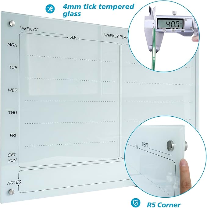 Magnetic Planner Writeboard 24"X36" Weekly Glass Calendar Ultra White Glassboard Premium Tempered Dry Erase Boards Frameless Wall Mounted (Ultra White)