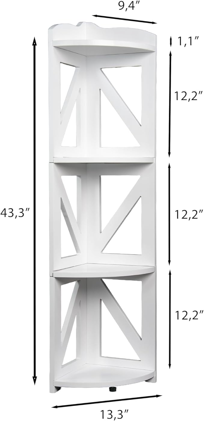 Corner Shelf Stand, Corner Bookshelf, Small Corner Shelves by Natural Wood, Plant Stand, Corner Bookcase for Living Room, Home Office, Bedroom, (White, 4 Tier)