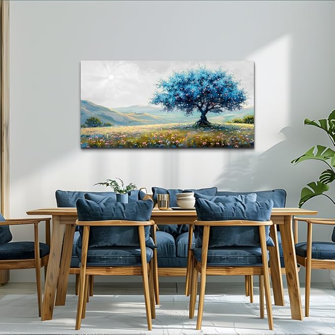 FUHAIHUA Canvas Wall Art For Living Room Modern Wall Decor For Bedroom Office Wall Decoration Pastoral Landscape Painting Blue Tree Pictures Artwork Ready To Hang Room Aesthetic Home Decor 20x40 In