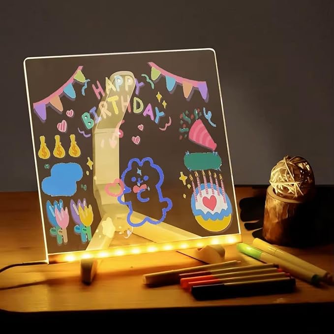 LED Note Board with Colors, Acrylic Dry Erase Board with Light and 7 Colorful Pens, Light up Dry Erase Board with Stand for Family/Office/School/bar/Cafe (7.9 X 7.9”)