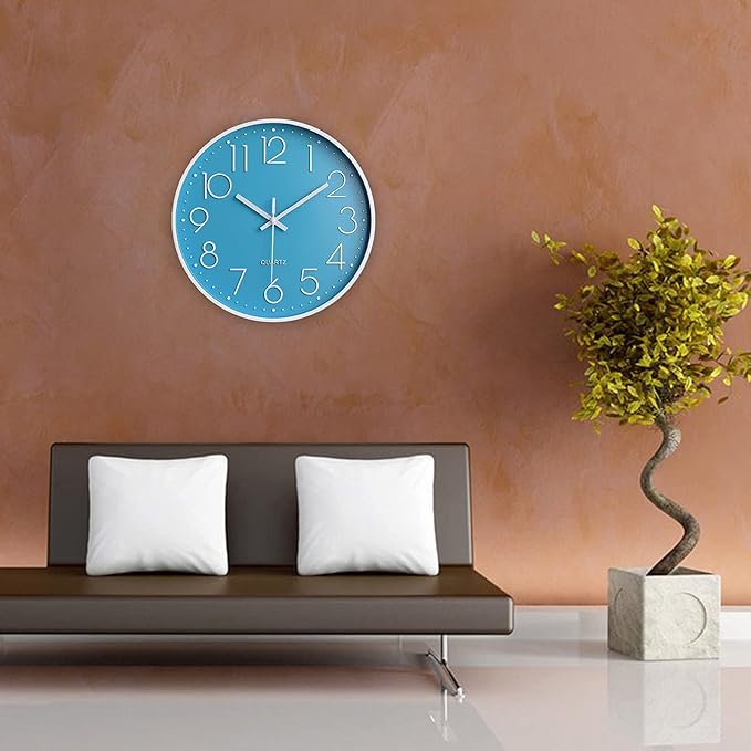 Lake Blue Vintage Style Non-Ticking Wall Clock, Battery Operated Quartz Analog Silent Movement, Large Decorative 12 Inch Clock with Arabic Numerals