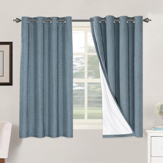 H.VERSAILTEX Linen Blackout Curtains 54 Inches Long 100% Blackout Thermal Insulated Textured Linen Look Curtain Draperies Anti-Rust Grommet, Energy Saving with White Liner, 2 Panels, Stone Blue