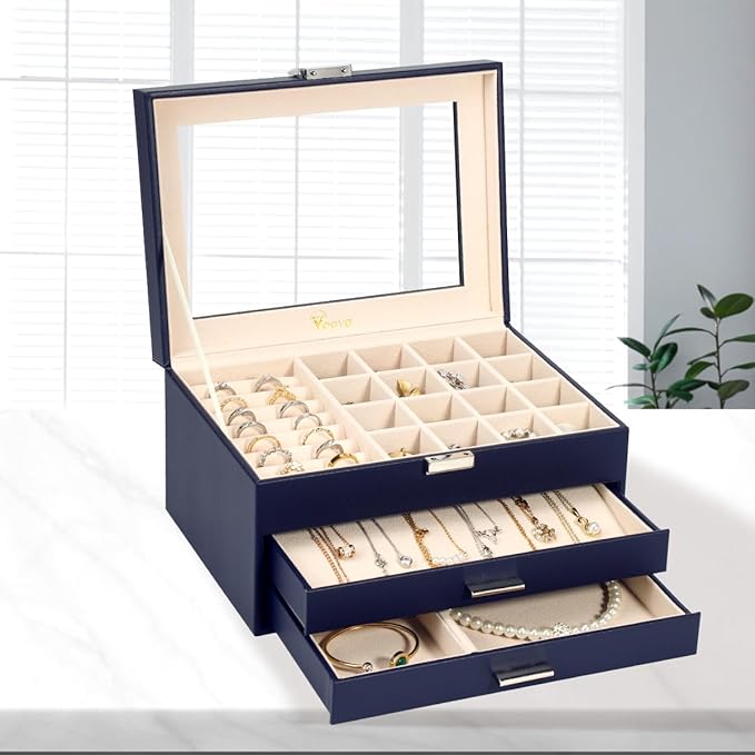 Voova Jewelry Box Organizer for Women Girls, 3 Layer PU Leather Jewelry Storage Case with Glass Lid & 2 Drawers, Large Jewellery Display Holder for Necklaces Rings Earrings Bracelets, Navy Blue