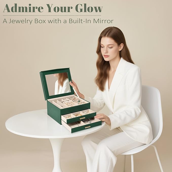 Amearea Jewelry Box Organizer for Women Girls with Mirror, 3-Layer Large Jewelry Storage Case, Synthetic Leather Jewelry Holder Organizer with Removable Tray for Necklaces Earrings Rings, Green