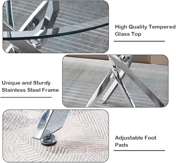 Goujxcy 5 Piece Round Glass Dining Table Set for 4, 36" Round Dining Table & Chair Set Modern Circle Glass Kitchen Table and 4 Velvet Upholstered Chairs for Kitchen Dining (Silver Table & Black Chair)