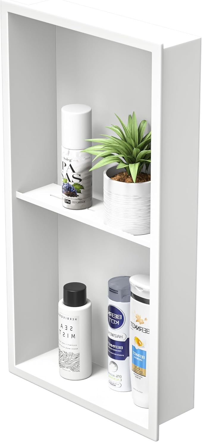 Stainless Steel Shower Niche 24" X 12" Matte White No Tile Needed Vertical Niche Shower with Two- Tier Shelves Recessed Wall Niches for Bathroom Storage Over Mount Installation