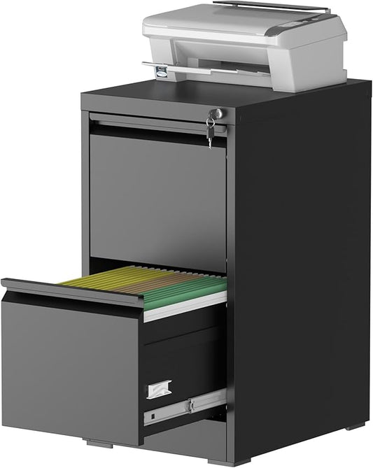 2 Drawer File Cabinet with Lock, Steel Vertical Filing Storage Cabinet for Home Office, Heavy-Duty File Cabinets for Letters/Legal/A4 (Require Assembly, Black)