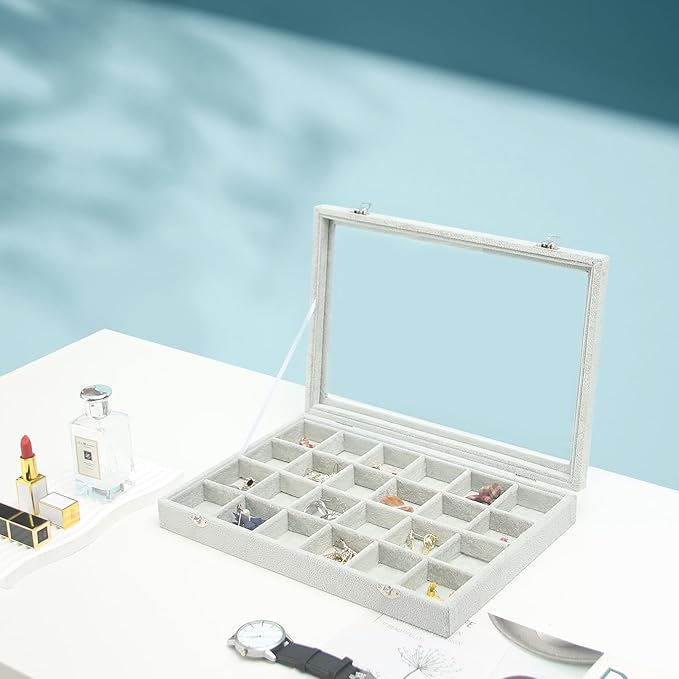 Coward Jewelry Organizer Tray Box, 24 Grids Ring Earring Chain Bracelet Necklace Jewelry Bead Display Holder Tray Case with Transparent Glass Lid for Home Drawer or Shop Selling