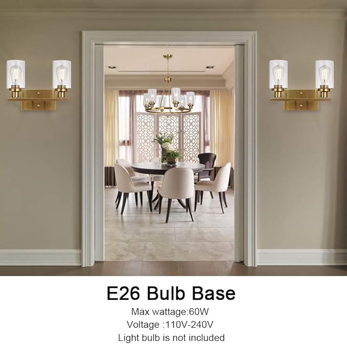 MELUCEE 2-Light Wall Sconce Brushed Brass Vanity Light Fixture Modern Style with Clear Glass Shade for Bathroom Hallway Bedroom Living Room Kitchen