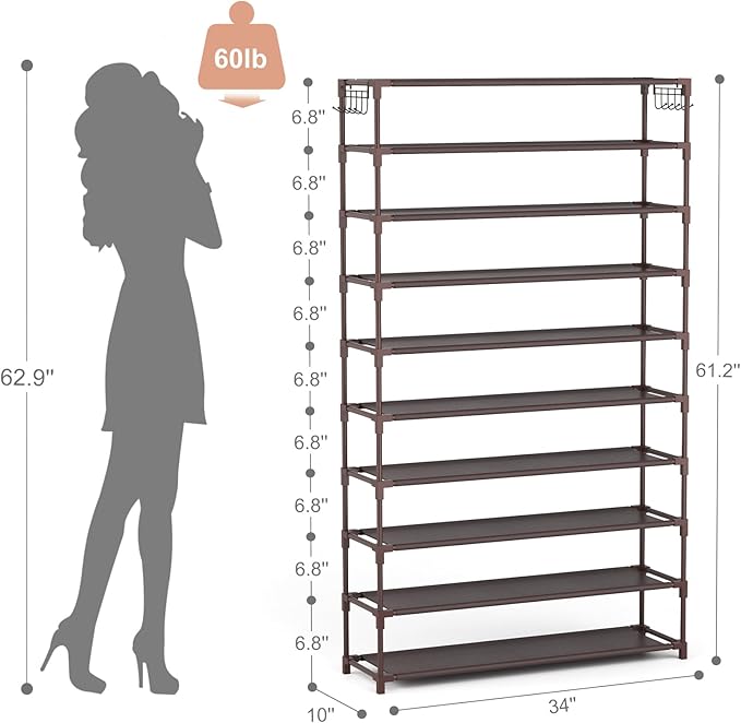 10 Tiers Shoe Rack 50 Pairs Large Capacity Tall Shoe Organizer Sturdy Shoe Storage with Two Hooks Space Saving Metal Wide Shoe Rack for Closet, Entryway, Bedroom, Brown
