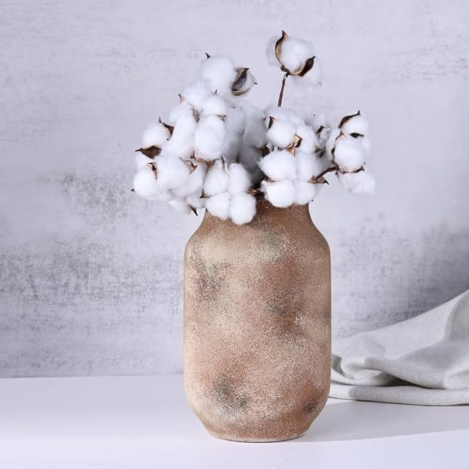 Rustic Farmhouse Ceramic Vase, 9.8" Tall Vintage Pottery Vases, Terracotta Decorative Boho Pampas Flower Vase, Suitable for Home Decor Living Room Entryway Table Bookshelf Mantle Shelf Decor
