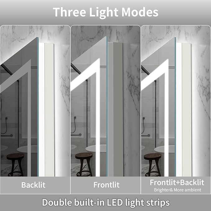 LED Mirror for Bathroom, 57x36 Inch Backlit + Front Lighted Bathroom Vanity Mirror with Lights for Wall, Double Light Strips, 3 Colors, Shatter-Proof, Anti-Fog and Brightness Memory