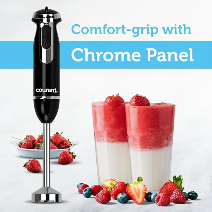 Courant Immersion Hand Blender with Variable Speed, Stainless Steel Blades for Smoothies, Purees, and Soups, Easy-Grip Control" (Black)