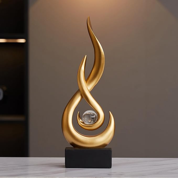AWNR Abstract Gold Sculpture Decor: Flame Statue with Glass Ball Resin Art Figurines Unique Centerpiece Table Decorations Modern Home Decor Living Room TV Stand Coffee Table Office Decor